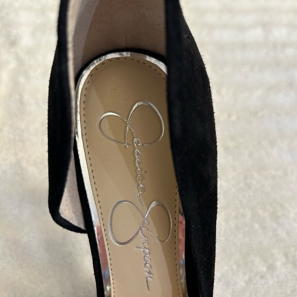 Jessica Simpson velvet like black heels embellished with silver flower details. - Picture 4 of 8